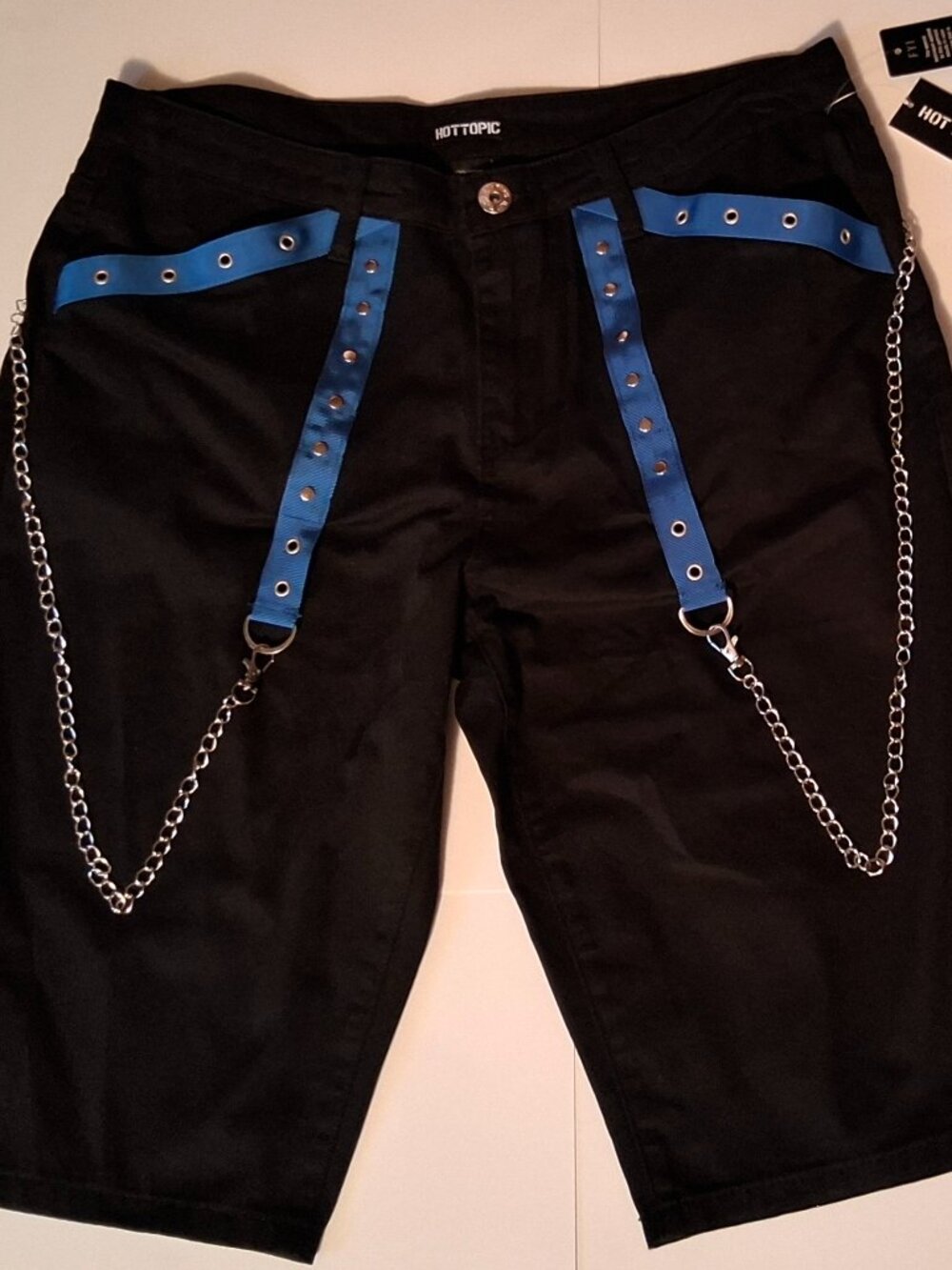 Men's Hot Topic/FYI Black Blue Pop Double Chain MTO Buckle Strap Grommets Shorts